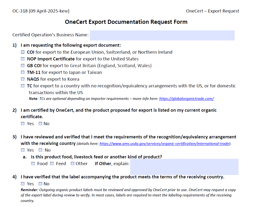 OneCert Export Request Form