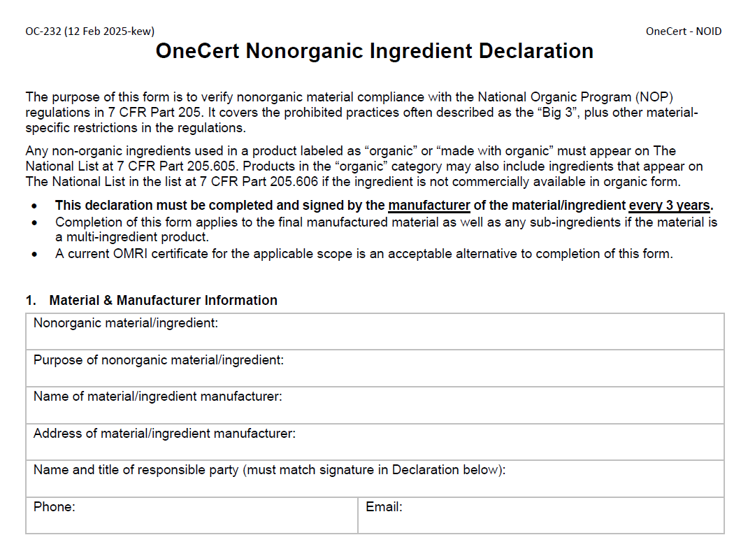Non-organic Ingredient Declaration (NOID)