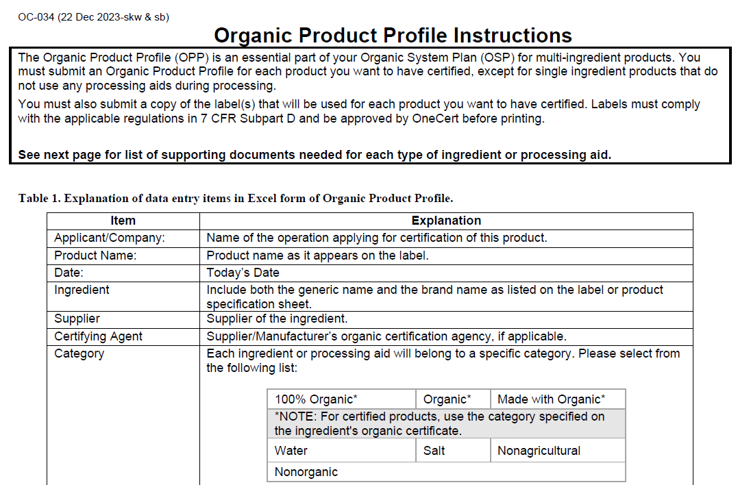 Organic Product Profile (OPP) Instructions