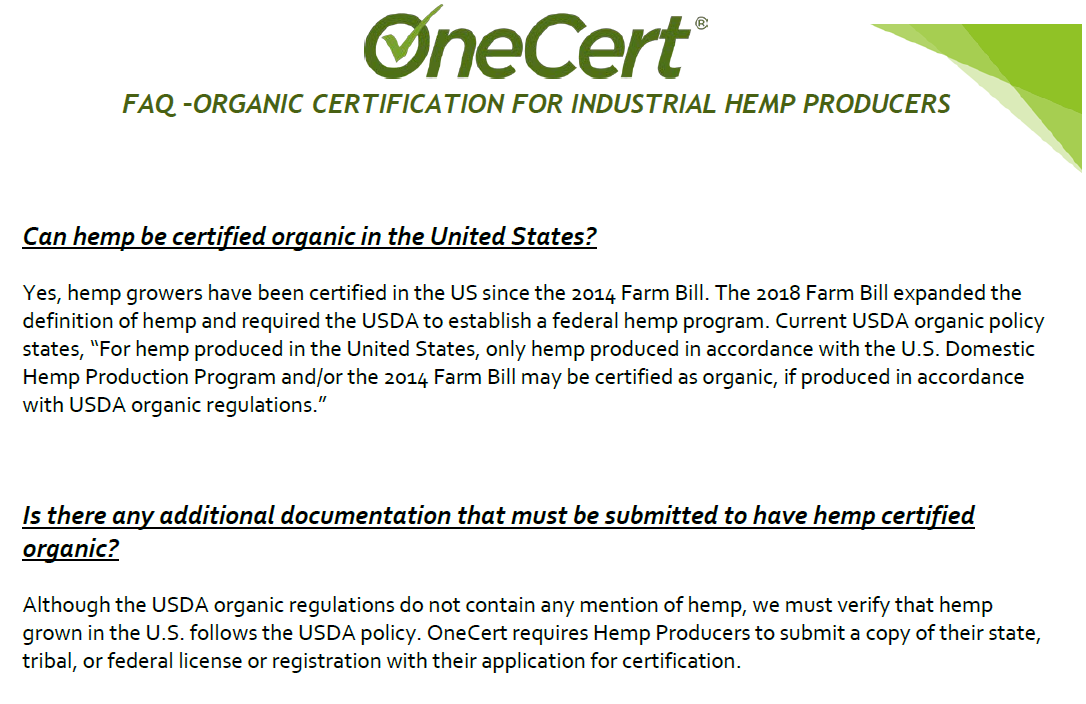 FAQ - Organic Certification Industrial Hemp