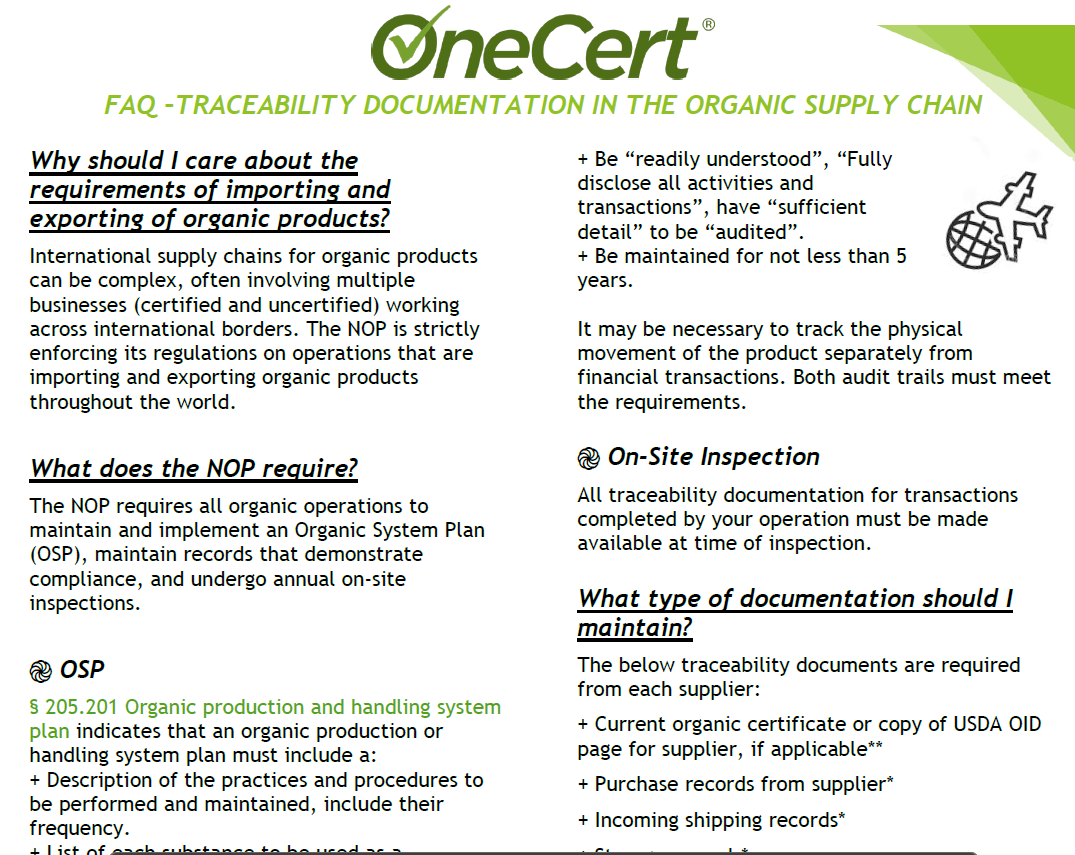 FAQ - Traceability Documentation in the Organic Supply Chain