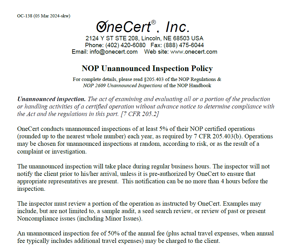 NOP Unannounced Inspection Policy