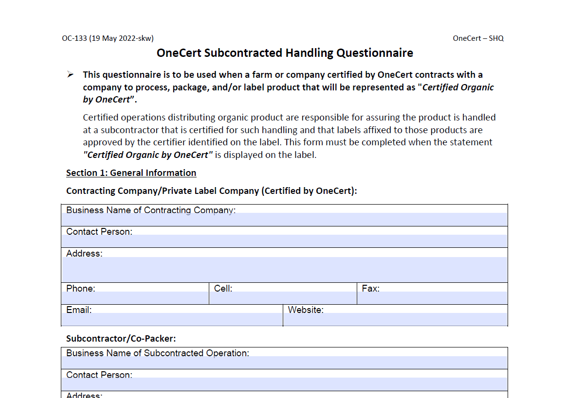Subcontracted Handler Questionnaire