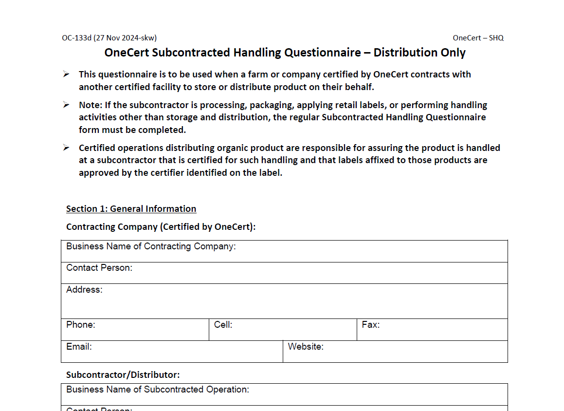 Subcontracted Handler Questionnaire - Distribution