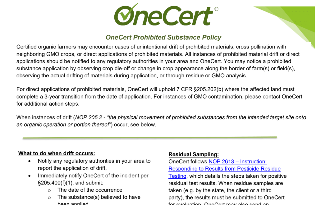 OneCert Prohibited Substance Policy